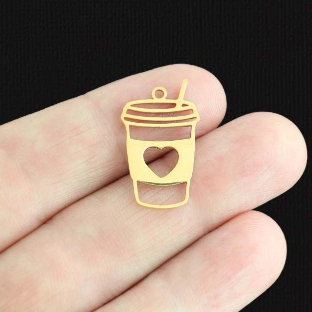 Coffee Cup Gold Stainless Steel Charm 2 Sided - SSP538