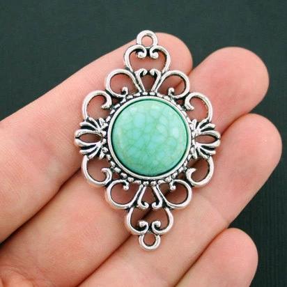 Connecteur ton argent antique avec imitation turquoise - SC6017