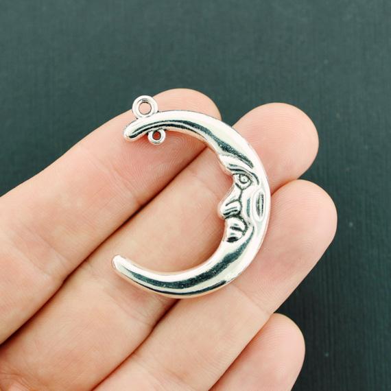 Crescent Moon Antique Silver Tone Charms 2 faces - SC7722