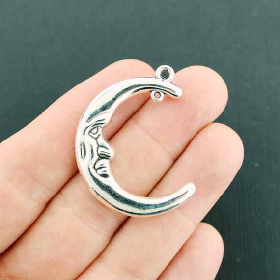 Crescent Moon Antique Silver Tone Charms 2 faces - SC7722