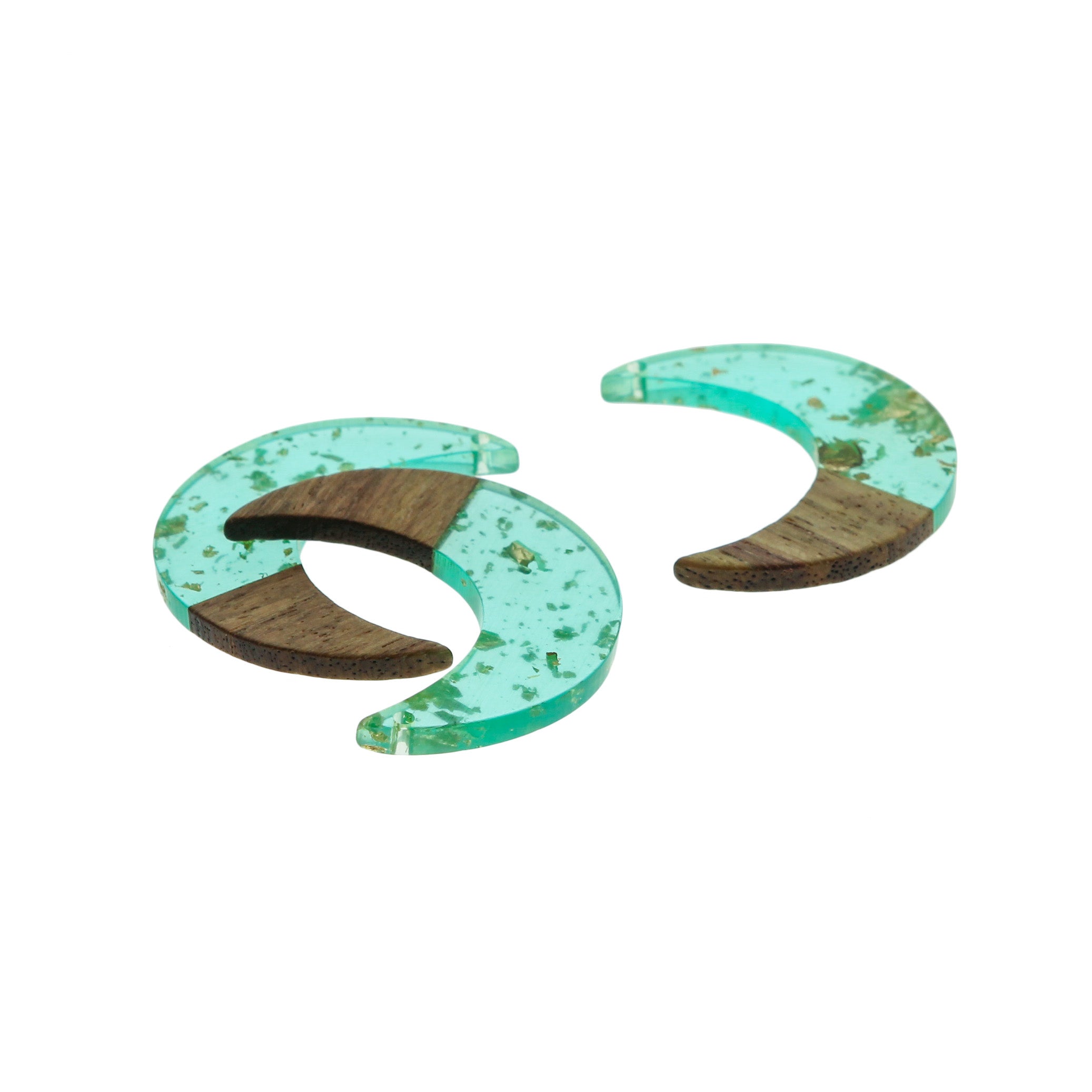 Croissant de Lune Naturel Bois et Turquoise et Or Résine Breloque 38mm - WP327