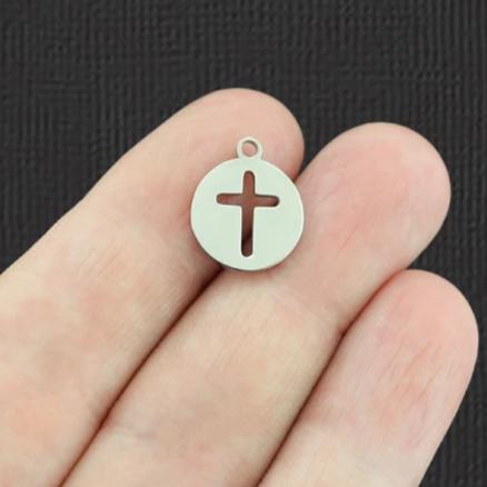 Cross Cut Out Silver Tone Stainless Steel Charms 2 Sided - SSP023