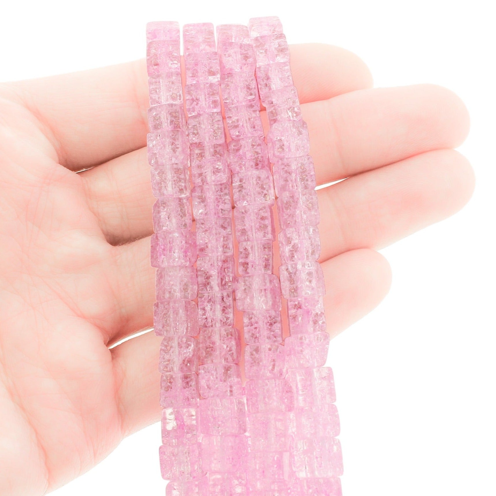 Perles de Verre Cube 6mm - Craquelé Rose Clair - 1 Rang 60 Perles - BD1528