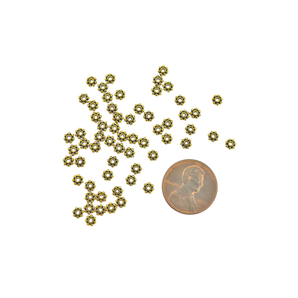Daisy Spacer Beads 4mm - Antique Gold Tone - 200 Beads - GC1274