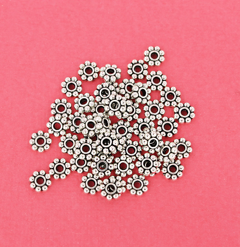 Daisy Spacer Beads 6mm - Silver Tone - 50 Beads - SC5558