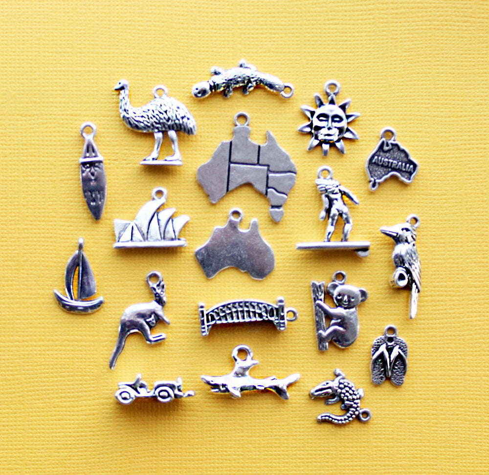 Deluxe Australia Charm Collection Antique Silver Tone 18 Charms - COL329