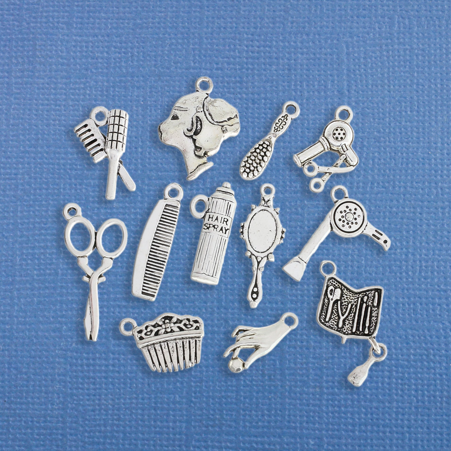 Deluxe Hair Salon Charm Collection Antique Silver Tone 12 Different Charms - COL203