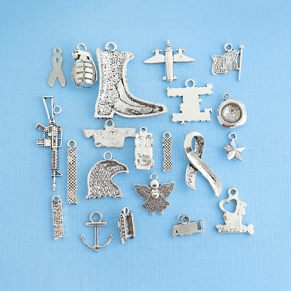 Deluxe Military Charm Collection Antique Silver Tone 21 Charms - COL318