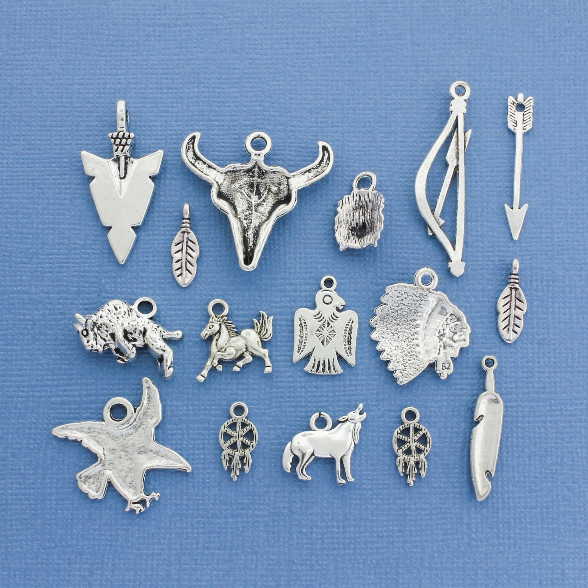 Deluxe Native American Charm Collection Ton argent antique 16 breloques - COL129