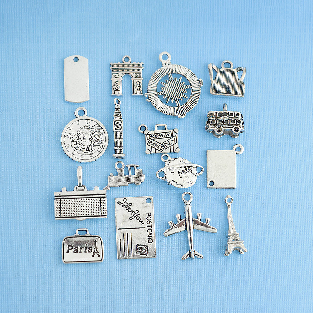 Deluxe Travel Charm Collection Ton argent antique 16 breloques différentes - COL062
