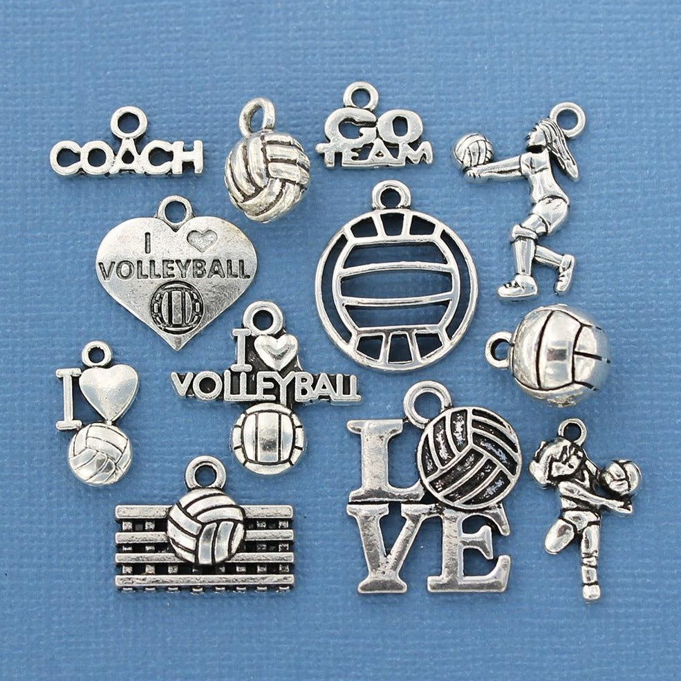 Deluxe Volleyball Charm Collection Antique Silver Tone 12 Different Charms - COL328