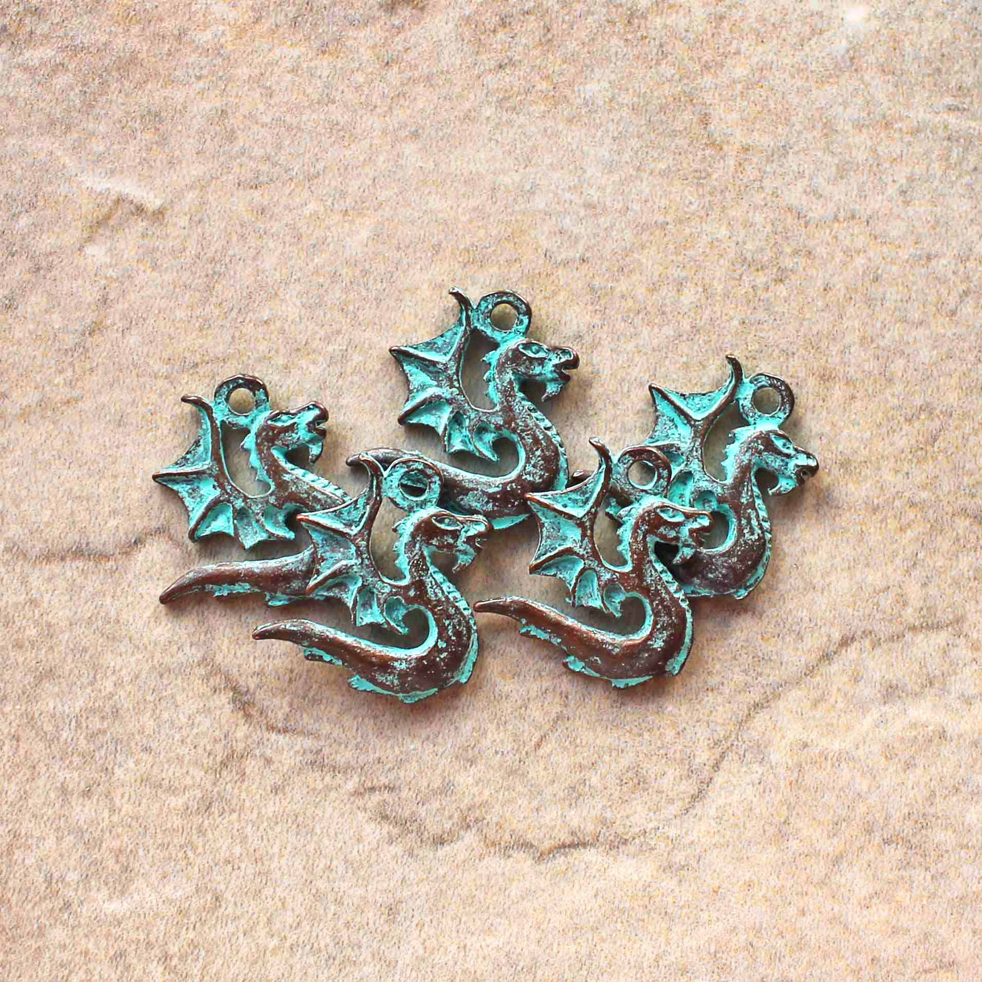 Dragon Antique Copper Tone Mykonos Charms with Green Patina 2 Sided - BC1541