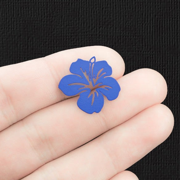 6 breloques filigrane fleur tropicale bleu émail cuivre 2 faces - E1468
