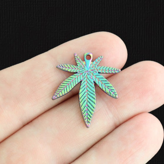 4 Weed Leaf Rainbow Electroplated Charms 2 Sided - E1581