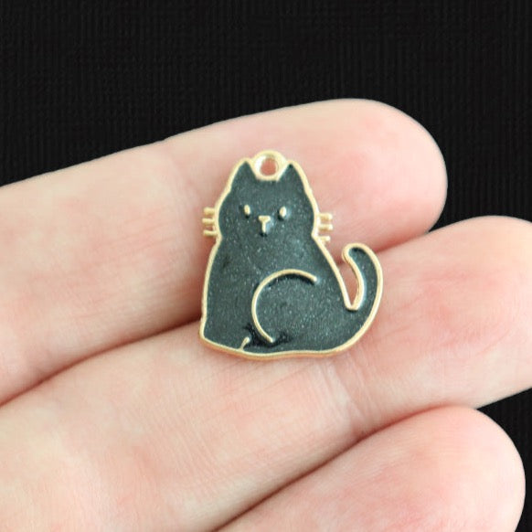 4 Black Cat Gold Tone Enamel Charms - E1600