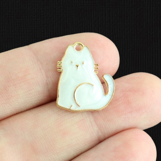 4 White Cat Gold Tone Enamel Charms - E1601