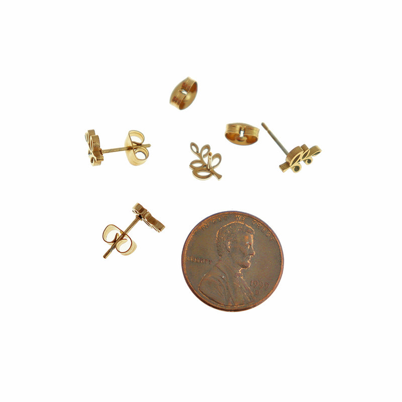 Boucles d'oreilles en acier inoxydable doré - Clous de branche - 9 mm - 2 pièces 1 paire - ER910
