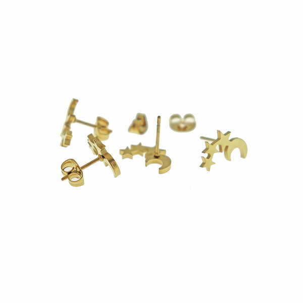 Boucles d'oreilles en acier inoxydable doré - Clous de lune et d'étoiles - 12 mm - 2 pièces 1 paire - ER932