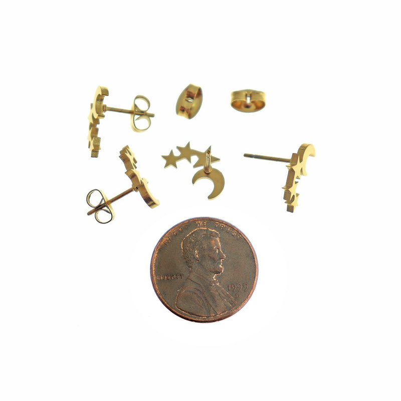 Boucles d'oreilles en acier inoxydable doré - Clous de lune et d'étoiles - 12 mm - 2 pièces 1 paire - ER932
