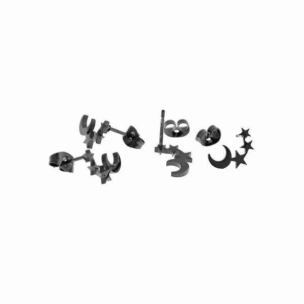 Black Tone Stainless Steel Earrings - Moon and Stars Studs - 12mm - 2 Pieces 1 Pair - ER934