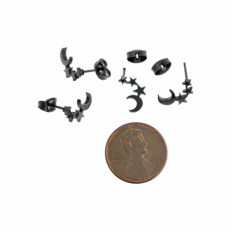 Boucles d'oreilles en acier inoxydable ton noir - Clous de lune et d'étoiles - 12 mm - 2 pièces 1 paire - ER934