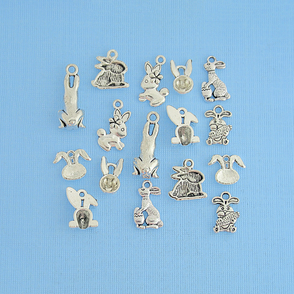 Easter Bunny Charm Collection Antique Silver Tone 16 Charms - COL287