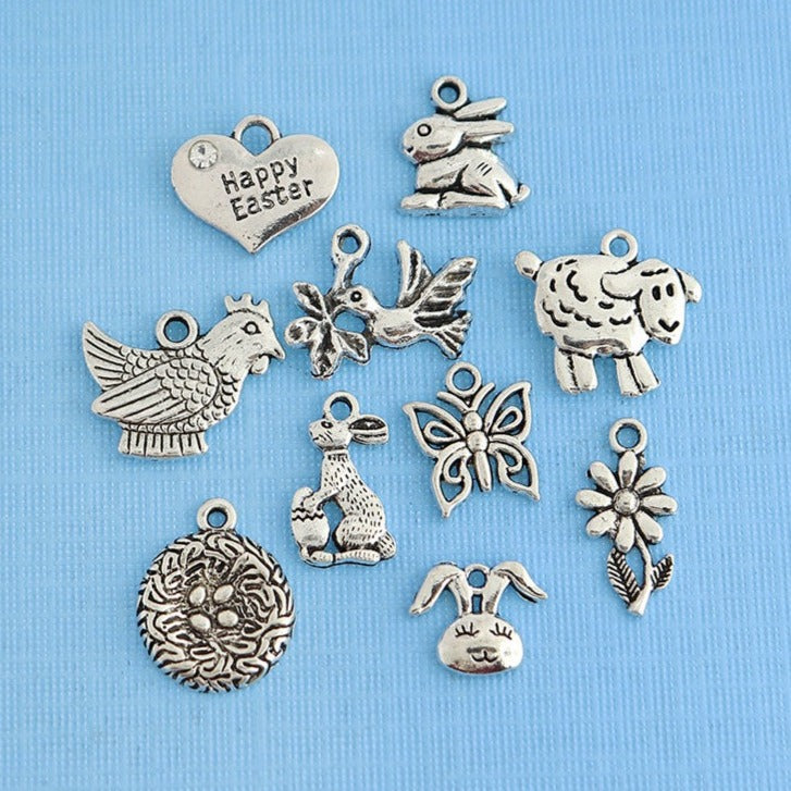 Collection de charmes de Pâques ton argent antique 10 breloques - COL043