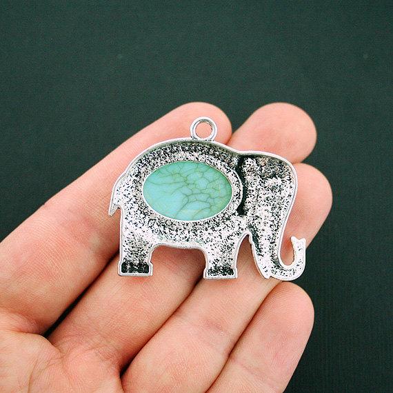 Elephant Antique Silver Tone Charm With Imitation Turquoise - SC6024