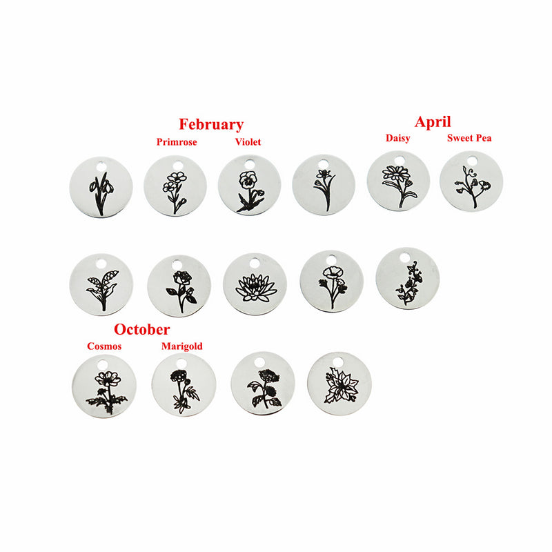 Birth Flower Charm Collection Stainless Steel 15 Different Charms - 10mm Round - COL308