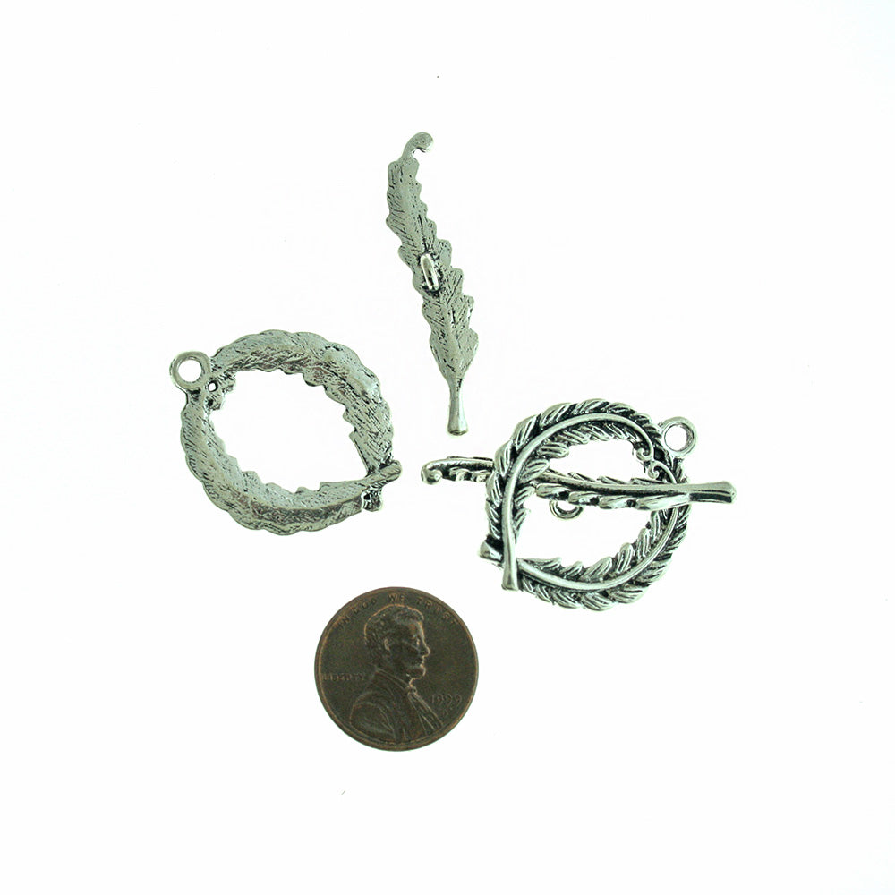 Feather Antique Silver Tone Toggle Clasps 38mm x 8mm - 5 Sets 10 Pieces - FD077