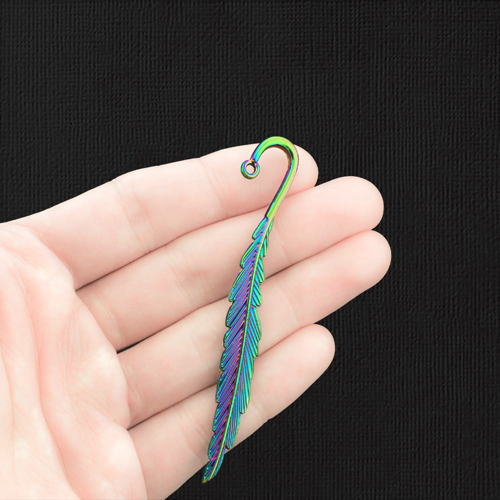 Feather Bookmark Rainbow Electroplated Charm 2 Sided - E1409