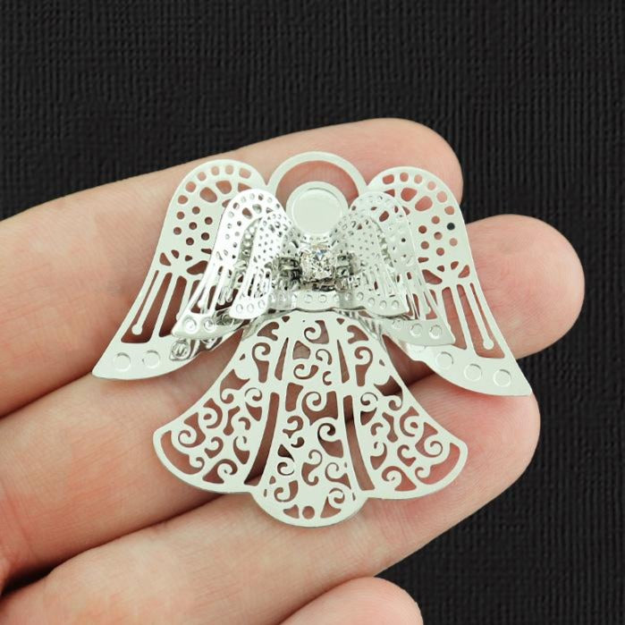 Filigree Angel Silver Tone Charms 3D With Inset Rhinestone - SC6209