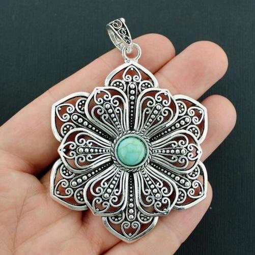 Filigree Flower Antique Silver Tone With Imitation Turquoise - SC6513