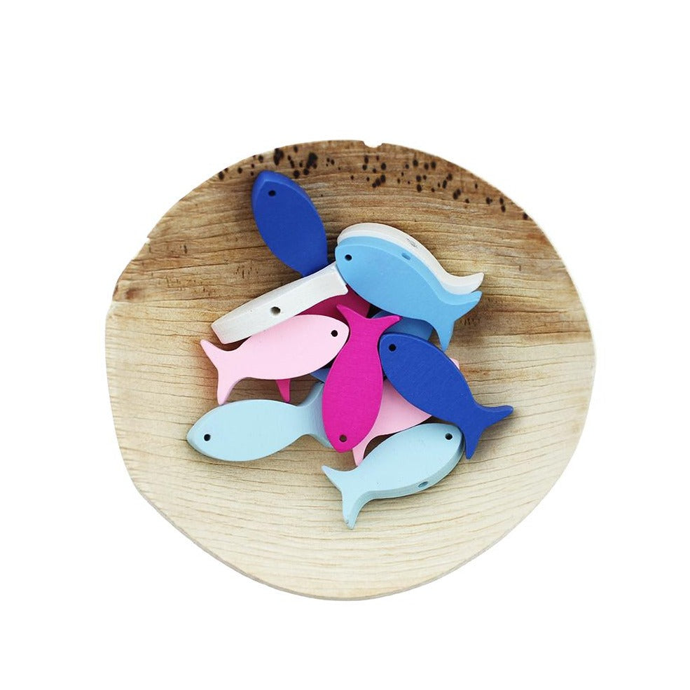 Fish Wood Beads 29mm x 13.5mm - Dyed Pinks and Blues - 25 Beads - BD1883