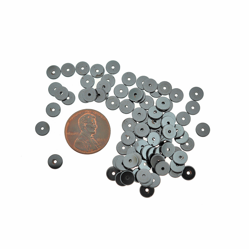 Flat Round Natural Hematite Beads 6mm - Black - 100 Beads - BD1886
