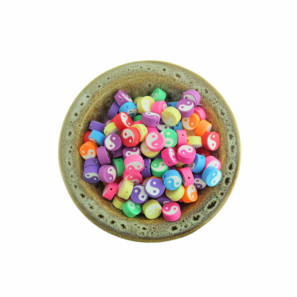 Flat Round Polymer Clay Beads 10mm x 5mm - Assorted Yin Yang - 50 Beads - BD412