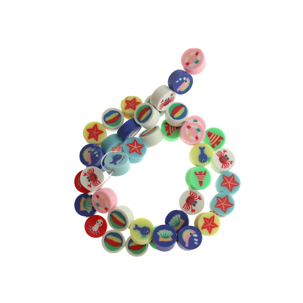 Flat Round Polymer Clay Beads 9.5mm - Assorted Sea Life - 1 Strand 40 Beads - BD1085