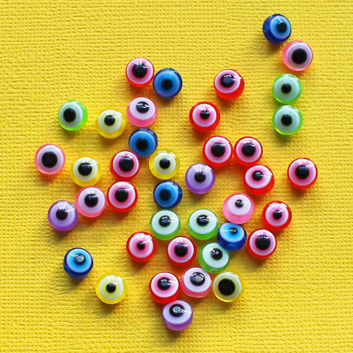 Flat Round Resin Beads 8mm x 5mm - Assorted Rainbow Evil Eye - 50 Beads - BD126