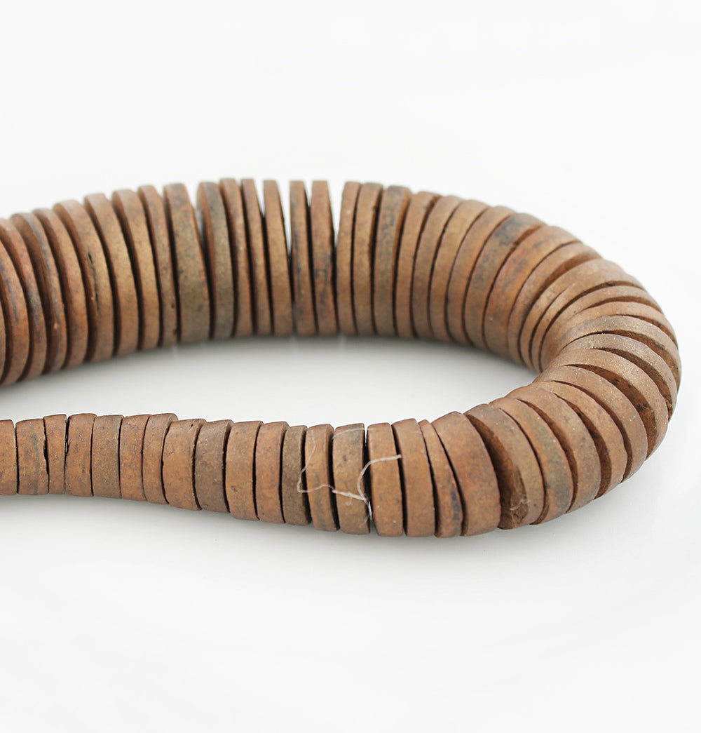 Flat Round Wooden Beads 5mm - 24mm - Coconut Brown - 1 Strand 144 Beads - BD1140