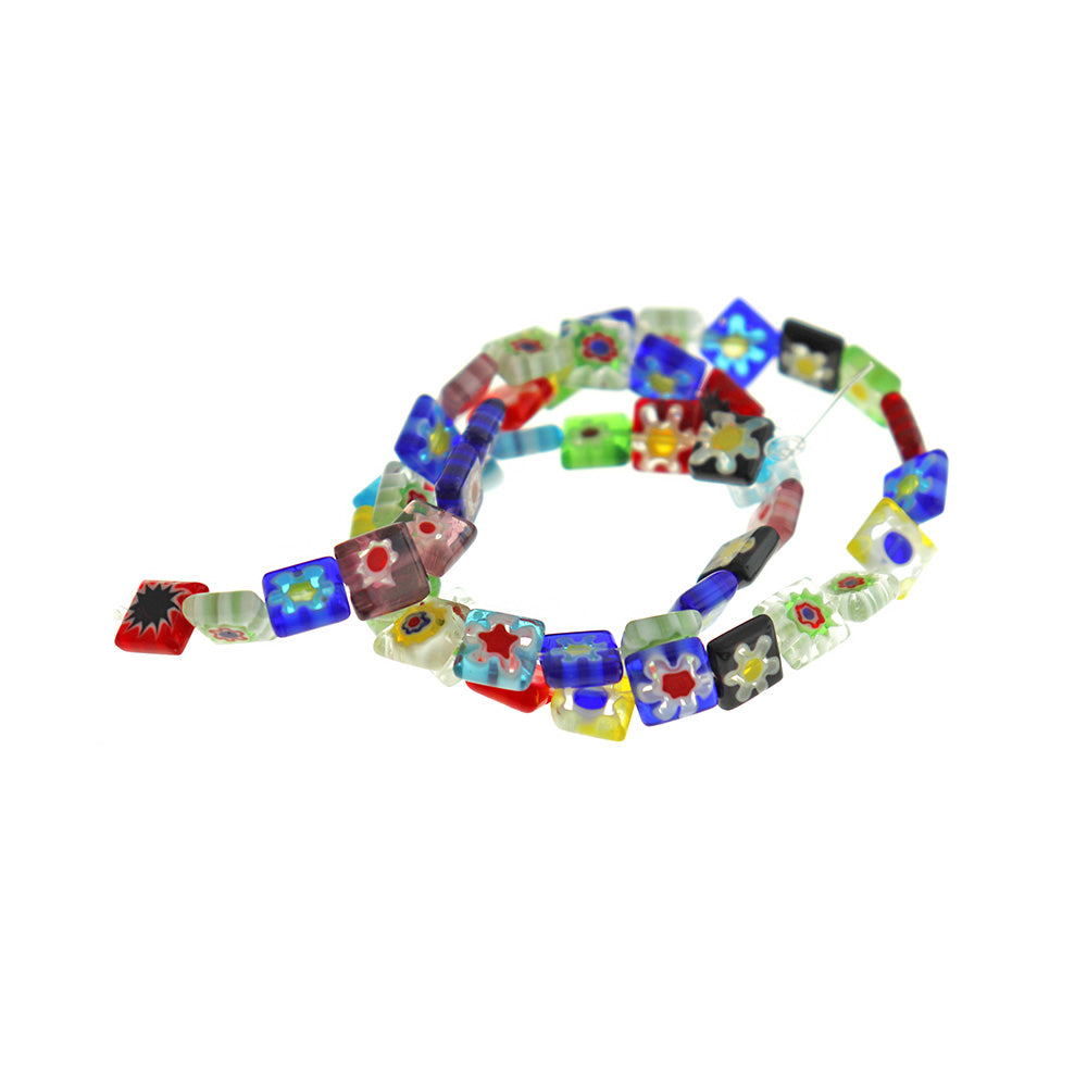 Flat Square Glass Beads 8mm - Assorted Floral Millefiori - 1 Full Strand 48 Beads - BD2235