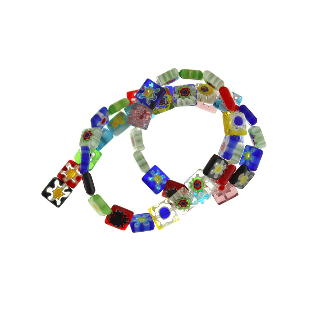 Flat Square Glass Beads 8mm - Assorted Floral Millefiori - 1 Full Strand 48 Beads - BD2235