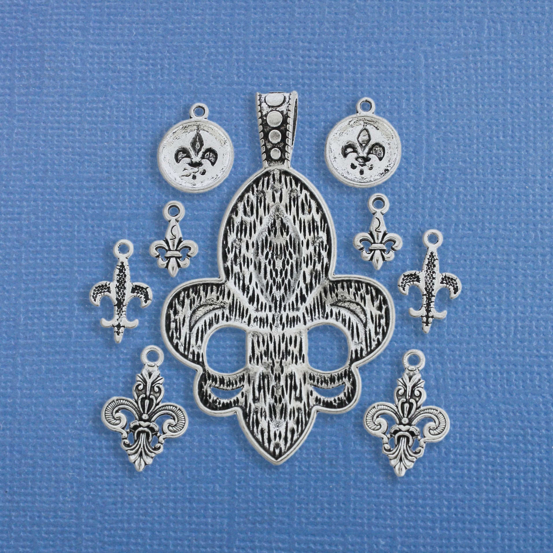 Fleur de Lis Charm Collection Antique Silver Tone 9 Charms - COL215