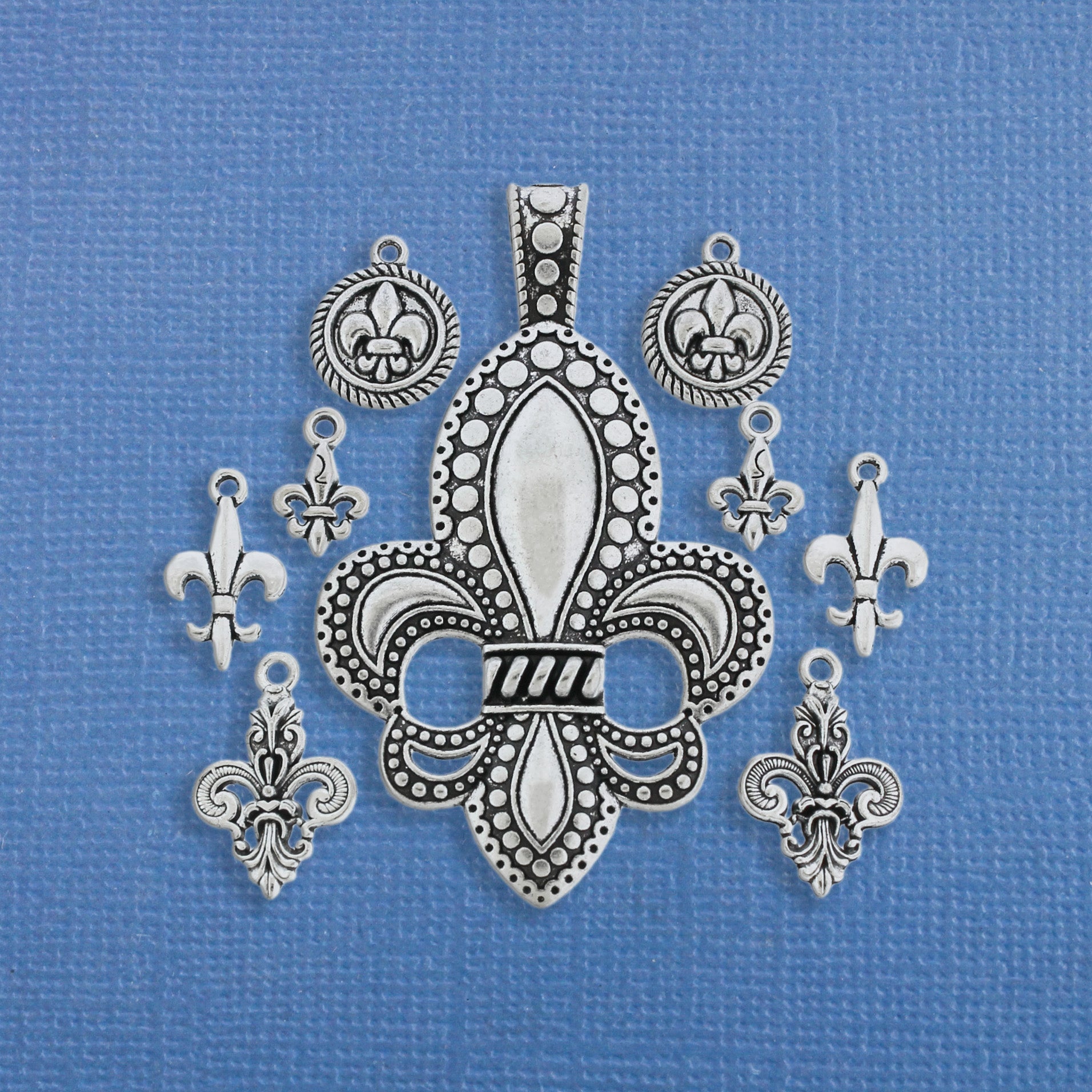 Fleur de Lis Charm Collection Antique Silver Tone 9 Charms - COL215