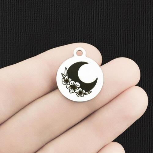Floral Crescent Moon Stainless Steel Charms - BFS001-6229