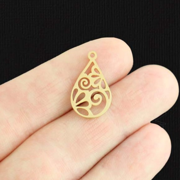 Breloque florale en filigrane goutte d'or en acier inoxydable 2 faces - SSP502