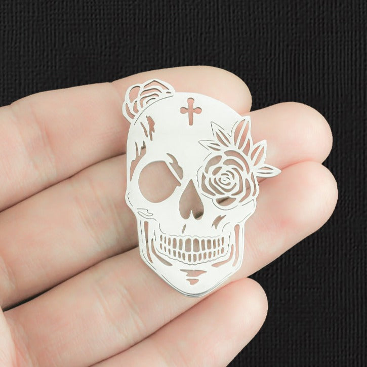 Floral Skull Stainless Steel Charm 2 Sided - SSP443