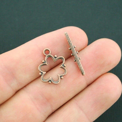 Flower Copper Tone Toggle Clasps 19mm x 14mm - 5 Sets 10 Pieces - BC900