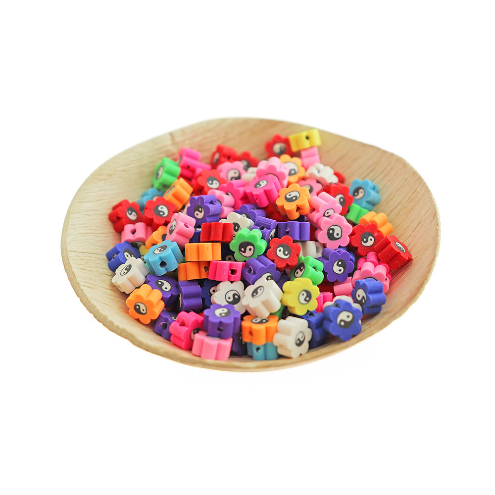 Flower Polymer Clay Beads 8mm - Assorted Florals with Yinyang - 50 Beads - BD1363
