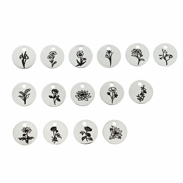 Birth Flower Charm Collection Stainless Steel 15 Different Charms - 10mm Round - COL308