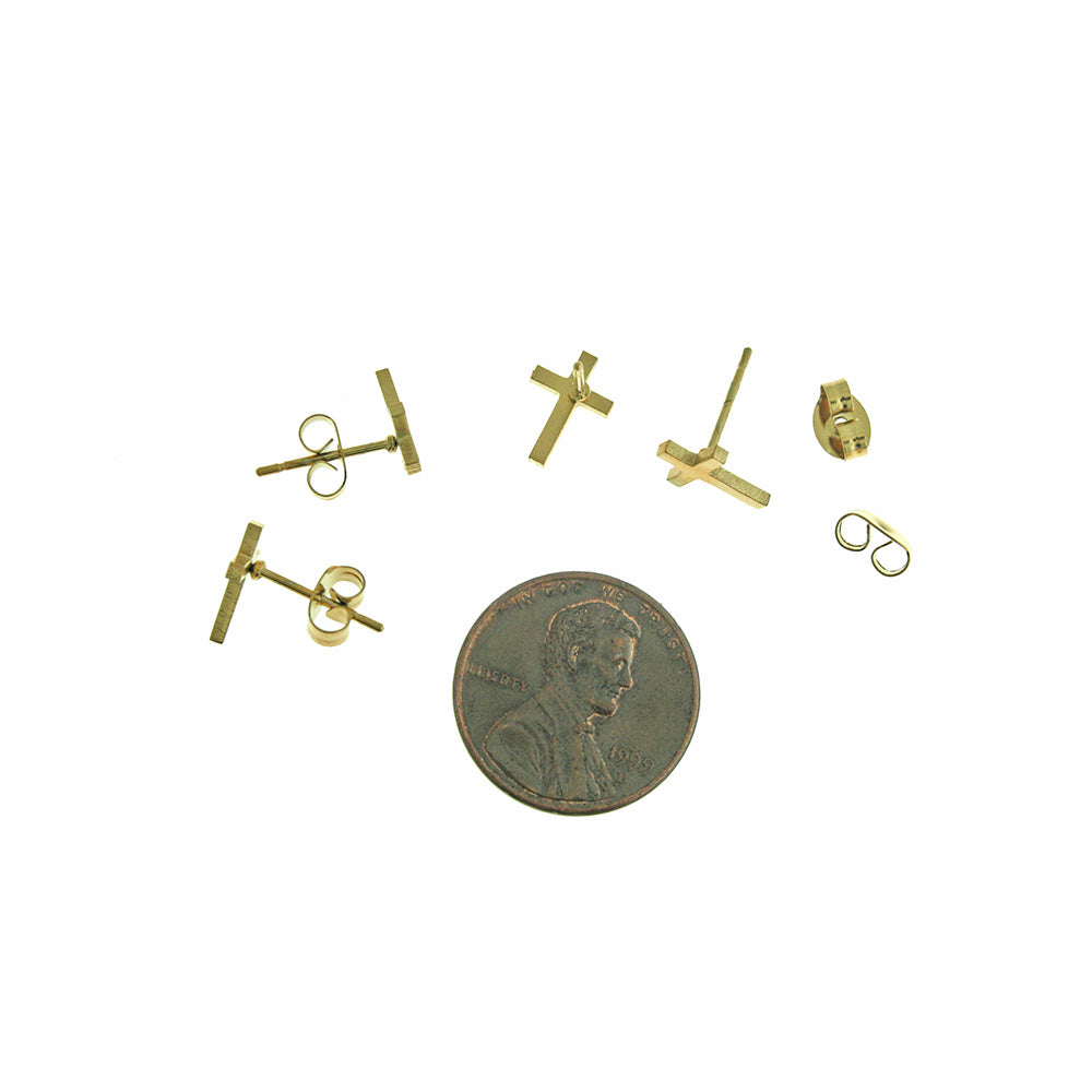 Gold Stainless Steel Earrings - Cross Studs - 9mm x 7mm - 2 Pieces 1 Pair - ER387